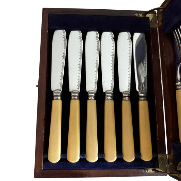 Vintage Fish Seafood Cutlery Set With Lined Box 6 Knives 6 Forks Etched Details - Picture 3 of 16